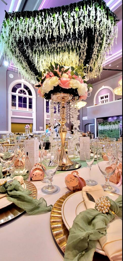 elegant luxury wedding centerpiece and table setting beneath ceiling florals