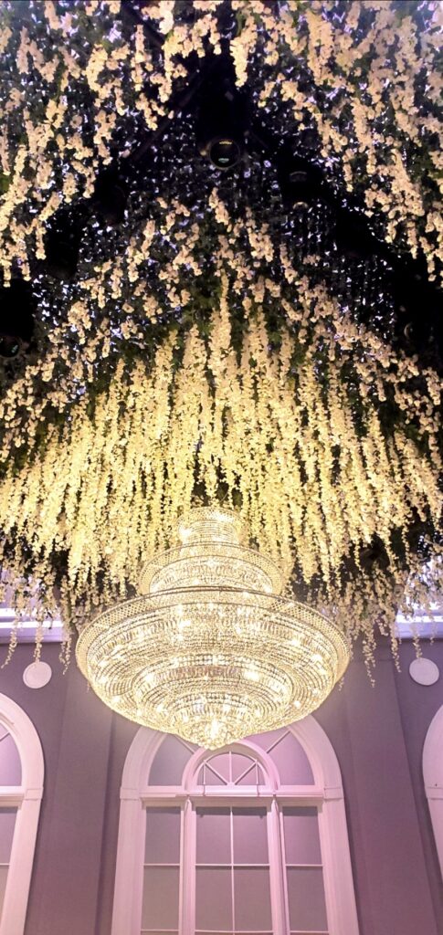 Swarovski crystal chandeliers and ceiling florals in luxury central CT ballroom venue