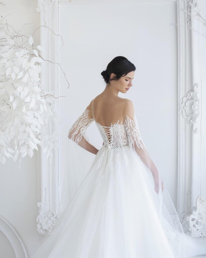 Couture gown design showcased during luxury fashion runway presentation