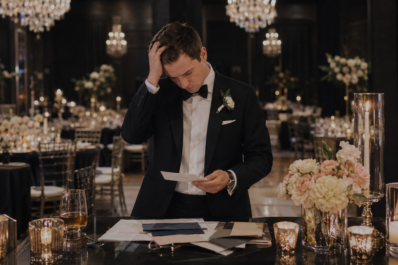 groom feeling overwhelmed while planning luxury ballroom wedding in Connecticut