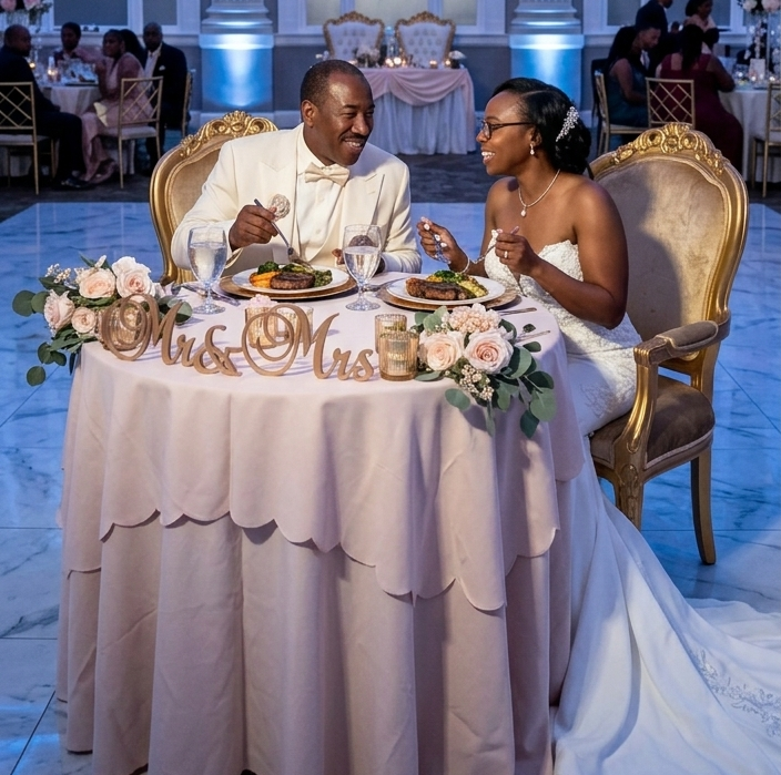 newlywed couple enjoying dinner during luxury wedding reception