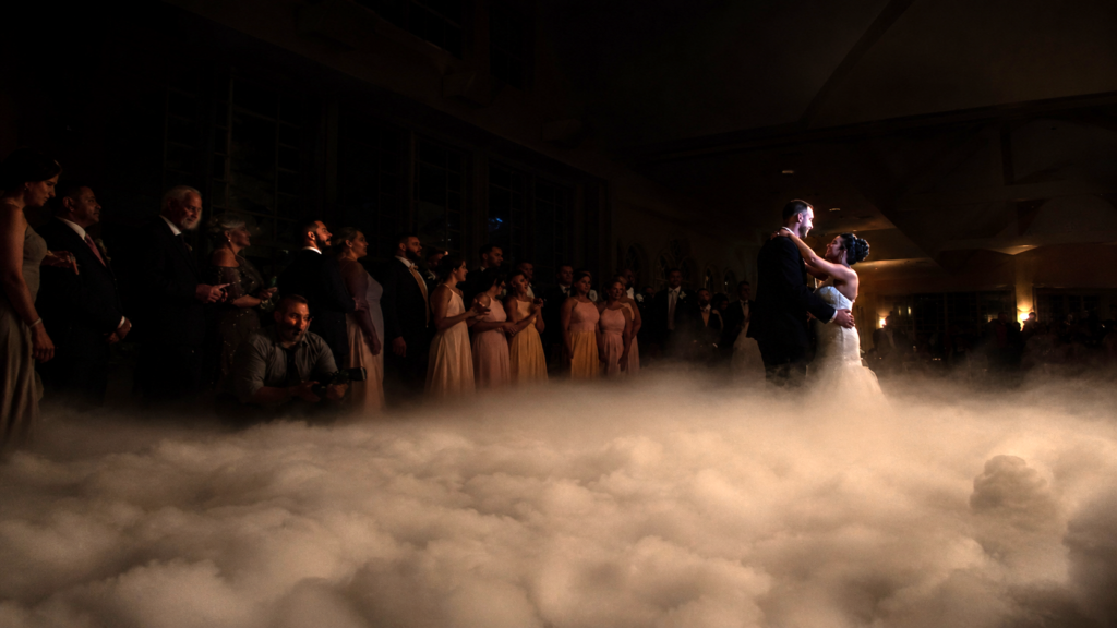 Elegant wedding reception with dancing on the cloud immersive lighting atmosphere at Silver City Ballroom