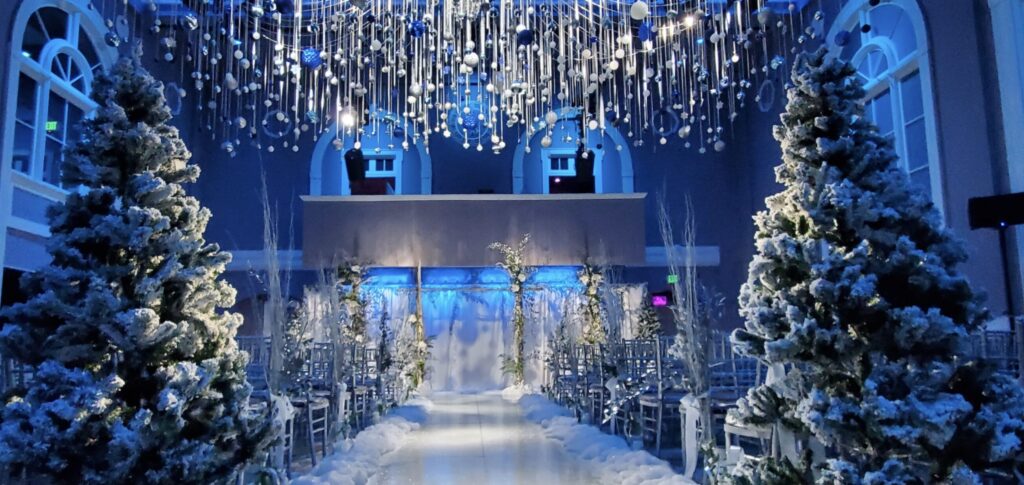 winter wonderland luxury wedding reception in Connecticut ballroom