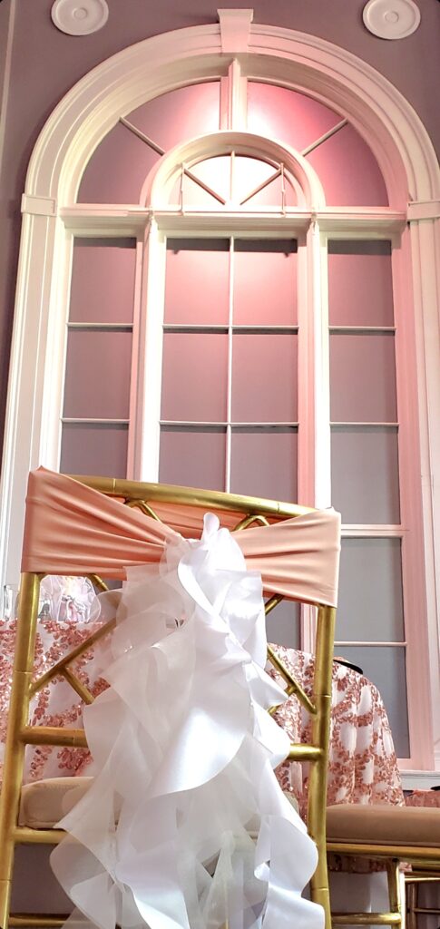 high-end wedding decor styling with historic arched windows in Connecticut ballroom