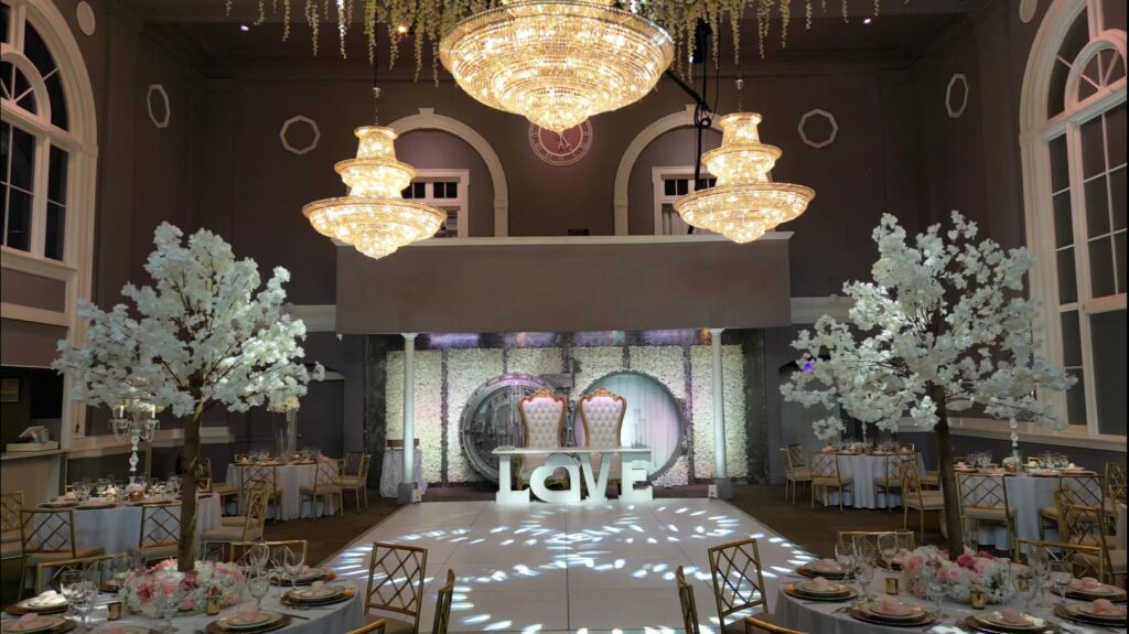Elegant ballroom reception setup inside Silver City Ballroom in Central Connecticut