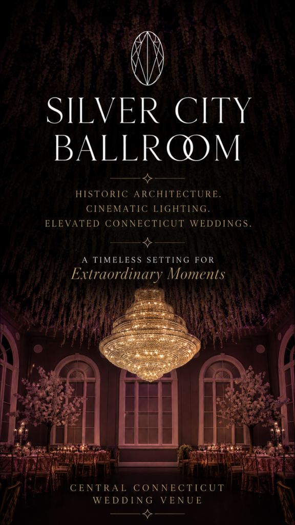Historic Connecticut wedding venue with cinematic chandelier lighting at Silver City Ballroom