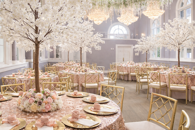 Luxury wedding reception table design at Silver City Ballroom in Connecticut