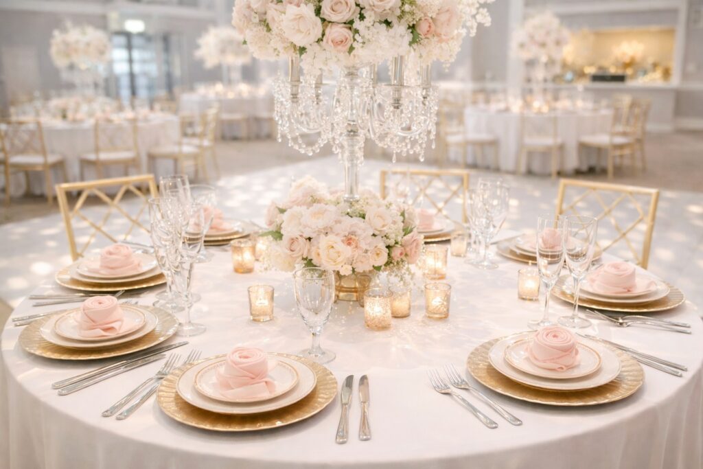 Romantic ballroom wedding reception with elegant table styling in Central Connecticut