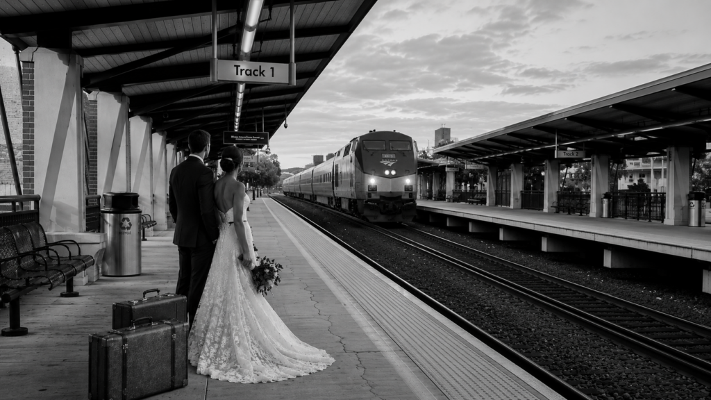 Bride and groom at Meriden Station near Silver City Ballroom, a Connecticut wedding venue with Amtrak and regional rail access.